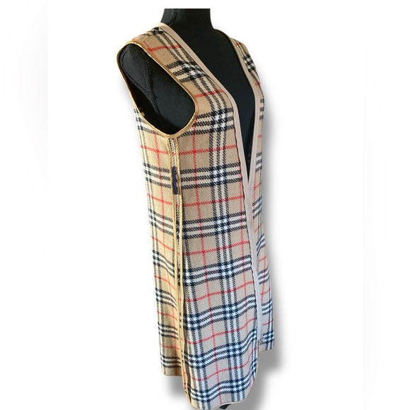 BURBERRYS’ Reversible Wool Warmer Plaid Vest Inner Gilet Tartan Open Front Liner - Picture 5 of 14